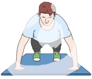 Eine Person befindet sich mit ihren Händen und Füßen auf einer Matte. Der Rest des Körpers ist gerade und in der Luft.