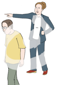 Ein trauriger Mann geht. Hinter ihm steht eine wütende Frau und zeigt mit dem Finger in die Richtung, in die der Mann geht.