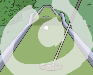 Eine Fläche mit Seitenabgrenzung. Die Fläche hat eine Erhebung in der Mitte, auf der ein Loch ist. Am Anfang der Fläche ragt ein Minigolfschläger, vor der Erhebung liegt ein Minigolfball.