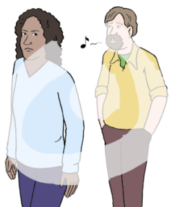 Eine wütende Frau geht. Hinter ihr steht ein Mann, es kommt eine Note aus seinem offenen Mund.