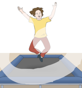 Eine Person springt ist in der Luft, unter ihr ist ein Trampolin.