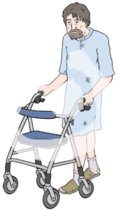 Eine Person mit dreckigen und kaputten Klamotten schiebt einen Rollator.