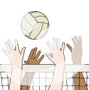 Zwei Paar Hände sind über einem Netzt gestreckt. Über den Händen ist ein Volleyball.