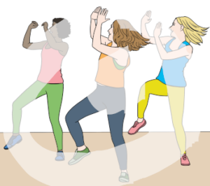 Drei Personen mit Sportkleidung heben die Hände. Sie gucken zur Seite und heben ein Bein.