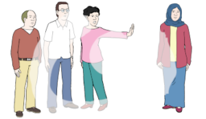 Drei Personen mit heller Hautfarbe stehen zusammen. Eine dieser Personen streckt die Hand weg und hält diese in Richtung einer Frau mit Hijab.