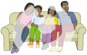 Zwei Kinder mit dunkler Hautfarbe sitzen zwischen zwei Erwachsenen mit dunkler Hautfarbe auf einem Sofa. Die Arme der Erwachsenen sind um die Schultern der Kinder gelegt.