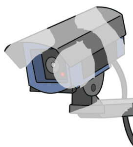 Kamera mit einer Wetterschutzhaube hängt an einem Metallgestell. An der Kamera leuchtet ein roter Punkt.