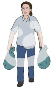 Eine Person guckt neutral und steht aufrecht. In jeder Hand trägt sie einen Sack.