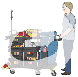 Eine Person schiebt einen Wagen mit Putzmitteln. Im Wagen sind ein Müllsack, ein Eimer mit Gummihandschuhen, Putzmittel und ein Wischer.