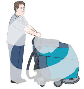 Eine Person steht aufrecht vor einer Scheuersaugmaschine und hält sie mit den Händen fest.