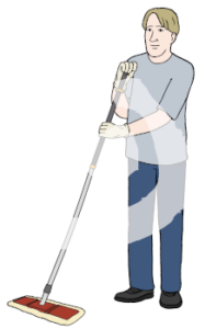 Eine Person hält einen Wischer mit Teleskopstange in den Händen. Die Stange geht bis zur Brust..