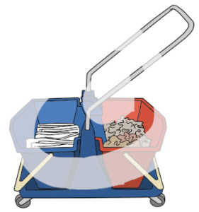 Ein Wagen mit zwei Eimern. Der eine Eimer hat saubere Lappen, der andere dreckige. In der Mitte ist eine Griffstange.