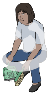 Eine Person hockt über dem Boden. In der Hand hält sie ein Kehrblech und einen Besen.