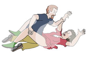 Eine ängstliche Frau liegt auf dem Boden. Sie hat ihre Hände nach oben gestreckt. Ihr Kleid ist zerrissen. Zwischen ihren Beinen sitzt ein wütender Mann. Er hält ihren Arm und ihr Bein fest.