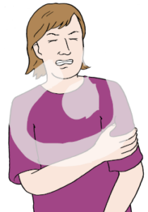 Eine Person mit schmerzverzerrtem Gesichtsausdruck hält eine Hand an ihren Arm.