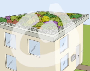 Ansicht von oben auf ein Flachdach. Das Flachdach ist mit vielen bunten Pflanzen und Gräsern bepflanzt.