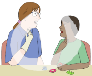 Eine Person sitzt mit offenem Mund and einem Tisch. Auf dem Tisch liegen Buchstaben. Sie hält ihre Hand an den Hals. Gegenüber sitzt ein Kind in gleicher Pose. In der Hand hält es einen Buchstaben.