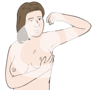 Eine Frau mit nacktem Oberkörper. Einen Arm hält sie nach oben, ihre andere Hand liegt an ihrer Brust.