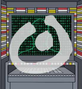 Ein großer Computer mit grünen Zahlen, 0 oder 1, auf dem Bildschirm. Darin ist der Umriss eines Kopfes. Es gibt eine große Schaltfläche und leuchtende Flächen.