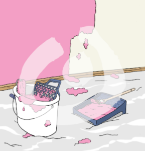 Der Boden ist mit Folie abgedeckt. Darauf steht ein offener Eimer mit Farbe und einer Farbrolle. Daneben ist eine Farbwanne mit Farbe und Pinsel. Die Wand dahinter ist halb gestrichen.