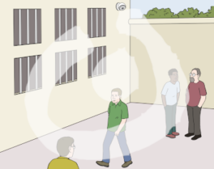 Vier Männer stehen in einem Gefängnishof. Die Fenster sind vergittert und es gibt eine Überwachungskamera.