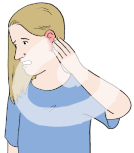 Eine Person mit einem schmerzverzerrtem Gesichtsausdruck hält eine Hand an ihr Ohr. Das Ohr ist rot.