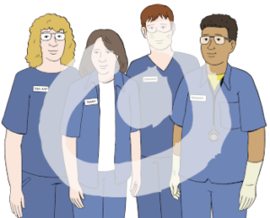 Vier Menschen in Pflegeuniformen. Eine Person trägt eine Atemschutzmaske. Ein andere Person trägt Handschuhe.