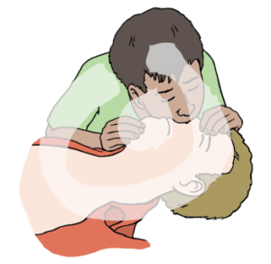 Ein Person liegt auf dem Boden. Eine andere Person drückt ihr von unten leicht gegen das Kinn und beatmet sie durch die Nase.