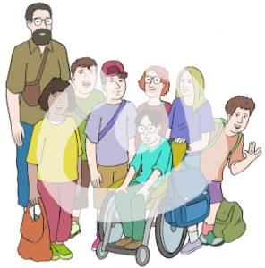 Eine Gruppe von fröhlichen Kindern mit Taschen und Rucksäcken steht neben einem Mann.