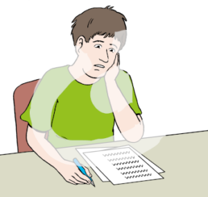 Ein Kind sitzt an einem Tisch. Es hat einen Stift in der Hand und guckt verzweifelt auf ein Blatt.