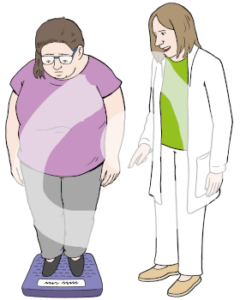 Eine dicke Frau steht auf einer Waage. Neben ihr steht eine Ärztin.