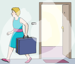 Eine Frau mit Koffer in der Hand geht von einer offenen Tür weg.