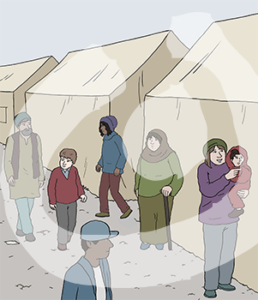 Sieben Menschen mit unterschiedlichen Hautfarben stehen verteilt vor großen Zelten. Eine Frau hat ein Kind auf dem Arm. Ein Mann unterhält sich mit einem Jungen.