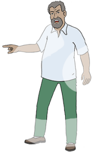 Ein wütender Mann zeigt mit dem Finger auf etwas.