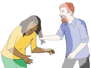 Ein Mann mit heller Hautfarbe guckt wütend und zieht einer ängstlichen Frau mit dunkler Hautfarbe an den Haaren.