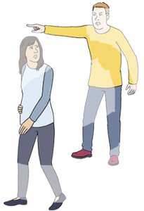 Eine schwangere Frau dreht sich ängstlich zu einem Mann um. Sie hält eine Hand an ihrem Bauch. Der Mann guckt wütend und zeigt mit dem Finger in die Richtung, in die die Frau geht.