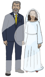 Ein Mann im Anzug steht neben einem Mädchen im Brautkleid. Beide gucken neutral.