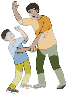 Ein wütender Mann steht vorgebeugt über einem Kind. Beide haben eine dunkle Hautfarbe. Der Mann hält das Kind am Arm fest und hebt die Hand. Das Kind guckt ängstlich und hebt abwehrend die Hand.