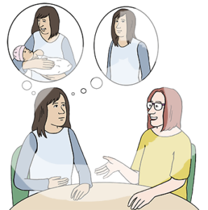 Zwei Frauen an einem Tisch. Die linke Frau ist schwanger. Sie denkt daran, wie es mit oder ohne Kind sein wird. Sie schaut neutral.