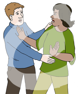 Ein Mann fasst eine Frau an Bauch und Schultern an. Die Frau wehrt ihn mit den Händen ab. Die Frau guckt entschieden, der Mann guckt überrascht.