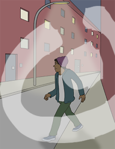 Ansicht einer Straße bei Dunkelheit. Auf beiden Seiten der Straße sind Häuser. Eine Person geht über die Straße.