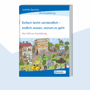 Cover vom Heft zur Ausstellung: Ein buntes Wimmelbild mit vielen Situationen, in denen Lesen wichtig ist.