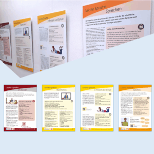 Kleine Darstellungen von diversen Plakaten von der Ausstellung, um einen ersten Eindruck zu bekommen. Das Bild vermittelt keine Inhalte, sonder es geht um die Optik: Die Plakate haben verschiedene Farben, sind abwechslungsreich aufgebaut und haben alle auch einen Text in Leichter Sprache.