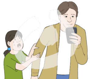 Ein Mädchen zieht einen Mann am Arm. Sie sieht zum Mann und weint. Der Mann guckt nur auf sein Handy.