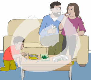 Mann und Frau sitzen auf Sofa. Mann hält eine Bierdose. Frau raucht einen Joint. Vor dem Sofa steht ein Tisch. Auf dem Tisch sind leere Bierdosen, Gras und ein voller Aschenbecher. Ein Junge kniet auf dem Boden. Er hält eine Zigarette.