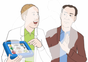 Zwei Männer nebeneinander. Der linke Mann hält einen BIldschirm mit Symbolen. Er zeigt darauf und lacht. Der Mann rechts guckt ernst und hält die Hand halbhoch vor sich.