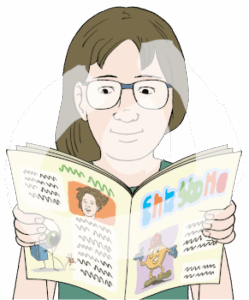 Kind mit aufgeschlagener Zeitschrift. Es hat eine Brille und sieht in die Zeitschrift. Das Kind lächelt.