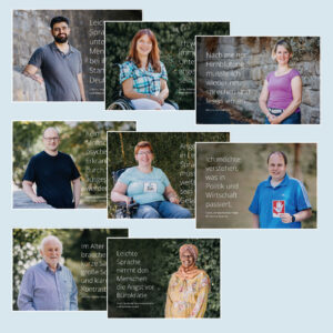 8 verschiedene Postkarten, jeweilt mit einem Foto einer Person und einem kurzen Zitat zu Leichter Sprache