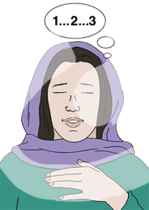 Eine Frau mit geschlossenen Augen und leicht geöffnetem Mund. Über ihrem Kopf ist eine Gedankenblase mit den Zahlen Eins, Zwei und Drei.