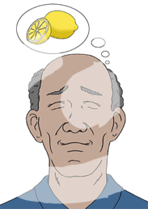 Ein Mann mit geschlossenen Augen und leicht verzogenem Mund. Über seinem Kopft ist eine Gedankenblase mit einer Zitrone.